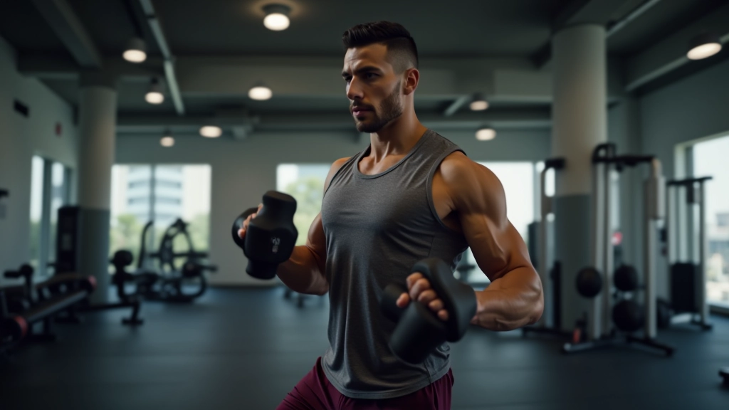 لاعب يؤدي تمارين تقوية باستخدام الأثقال خفيفة في صالة تدريب مجهزة